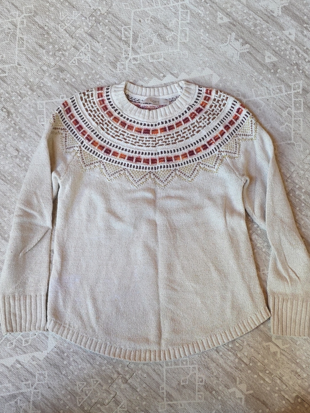 LOFT Cream Fair Isle Yoke Crewneck Sweater